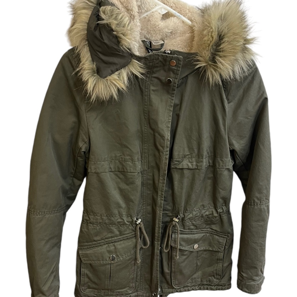 WMNS H&M Divided Faux Fur Lined Warm Parka, Green Hooded Jacket Sz 2 Small